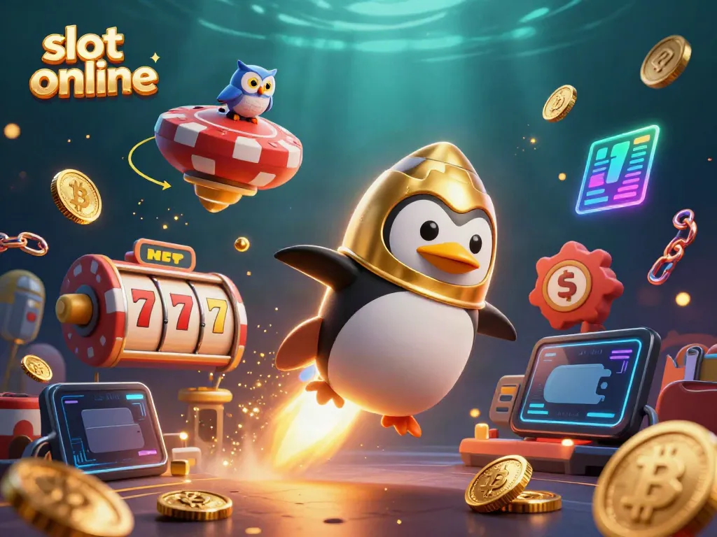 Spin reels in a vibrant slot online illustration featuring a golden penguin and casino elements.
