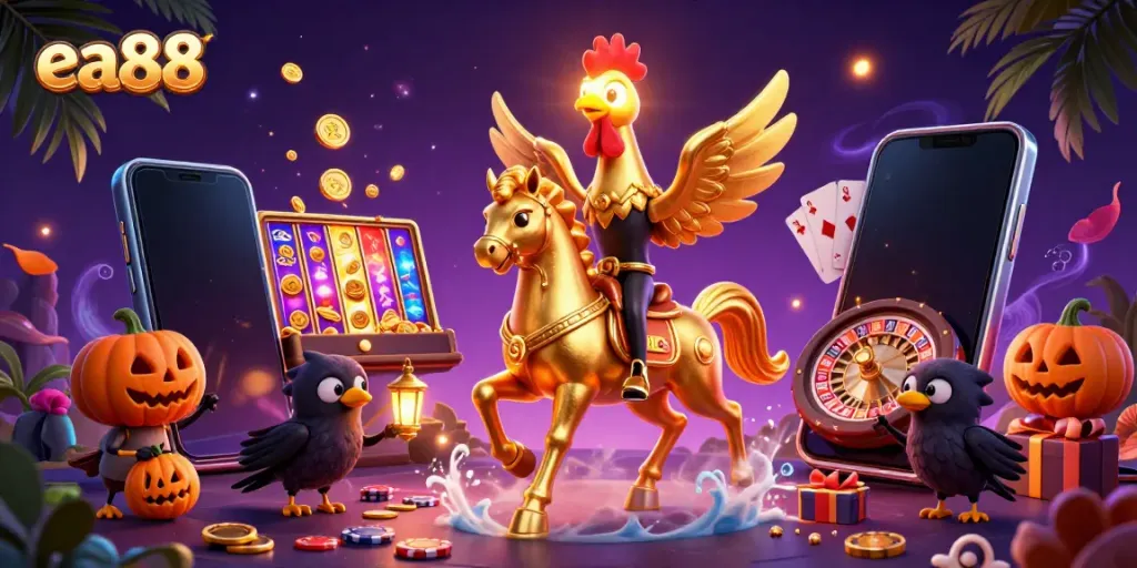 Experience the thrill of ea88 as the golden rooster rides through a vibrant casino filled with treasures.