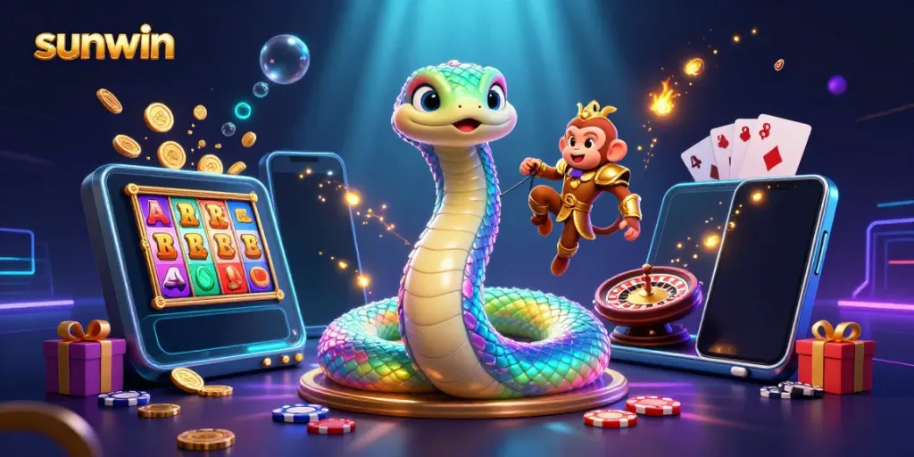 Engage with sunwin's vibrant gaming world featuring a rainbow serpent, playful monkey king, and slot games.
