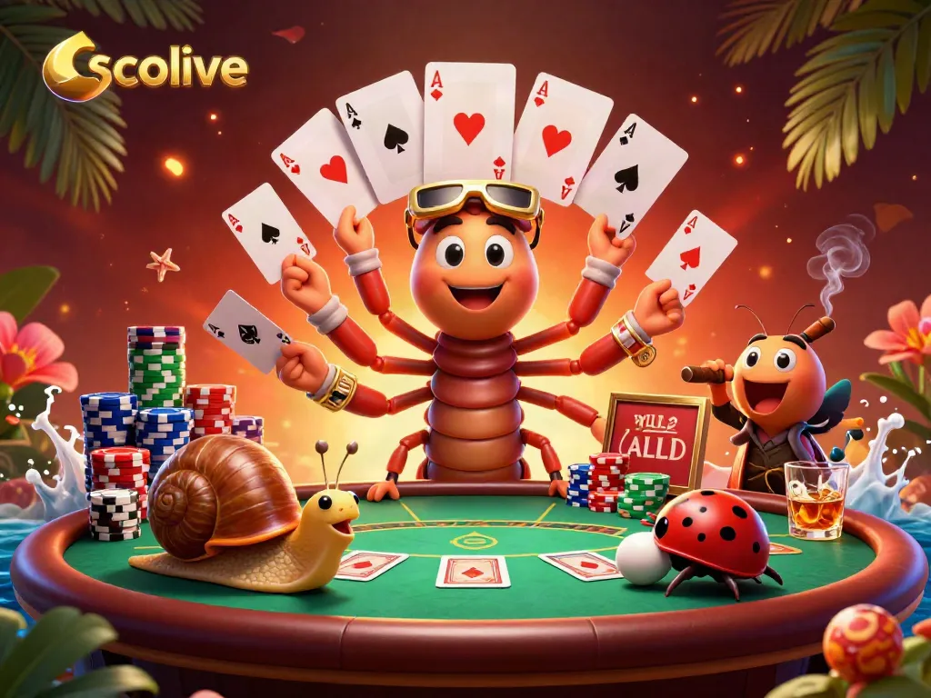 Socolive cartoons come alive as a pill bug and a snail join a lively gaming scene.