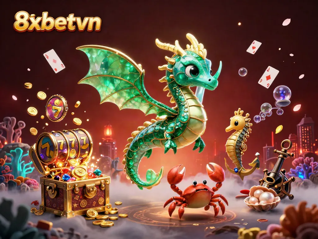Savor thrilling gameplay at 8xbetvn with emerald sea dragon, dynamic slot reels, and gold treasures exploding around.