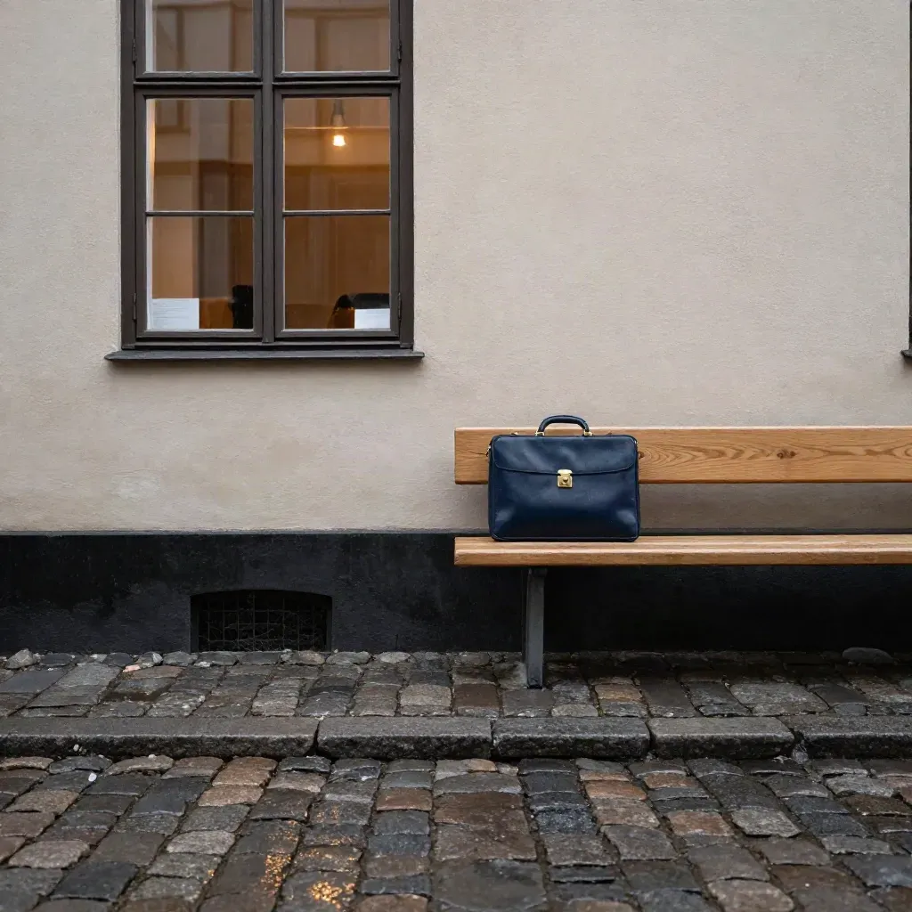 Stenlagd innergård i Stockholm med marinblå portfölj, ekbänk och fuktig fasad i dramatiskt ljus.