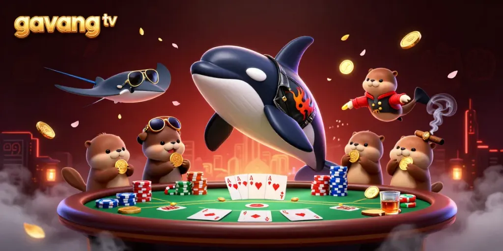 Experience thrilling gaming with gavang tv's dynamic 3D scene of characters at a poker table.