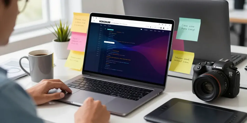 ROKOK88 website improvement in a modern digital workspace with analytics.