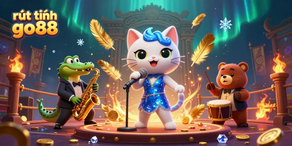 Experience rút tiền go88 at a lively casino with cartoon characters in a dynamic stage setting.