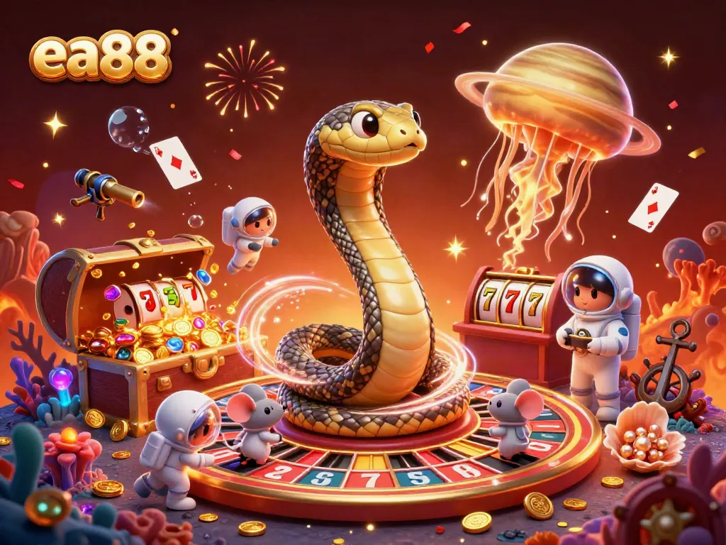 Experience gameplay with ea88; astronauts bet on a roulette wheel made of Saturn's rings in a vibrant cosmic scene.