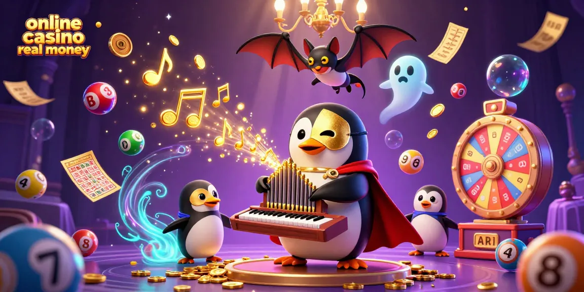 Experience the excitement of online casino real money with the penguin playing an organ emitting golden coins.