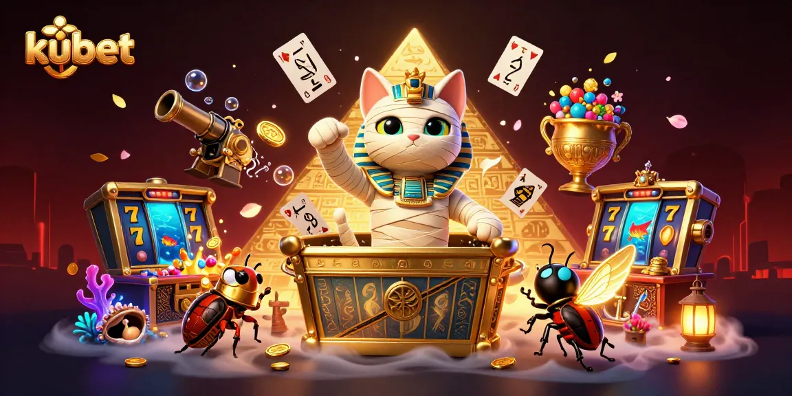 Kubet's vibrant casino scene featuring an Egyptian mummy cat, jackpot symbols, and dynamic gaming elements.