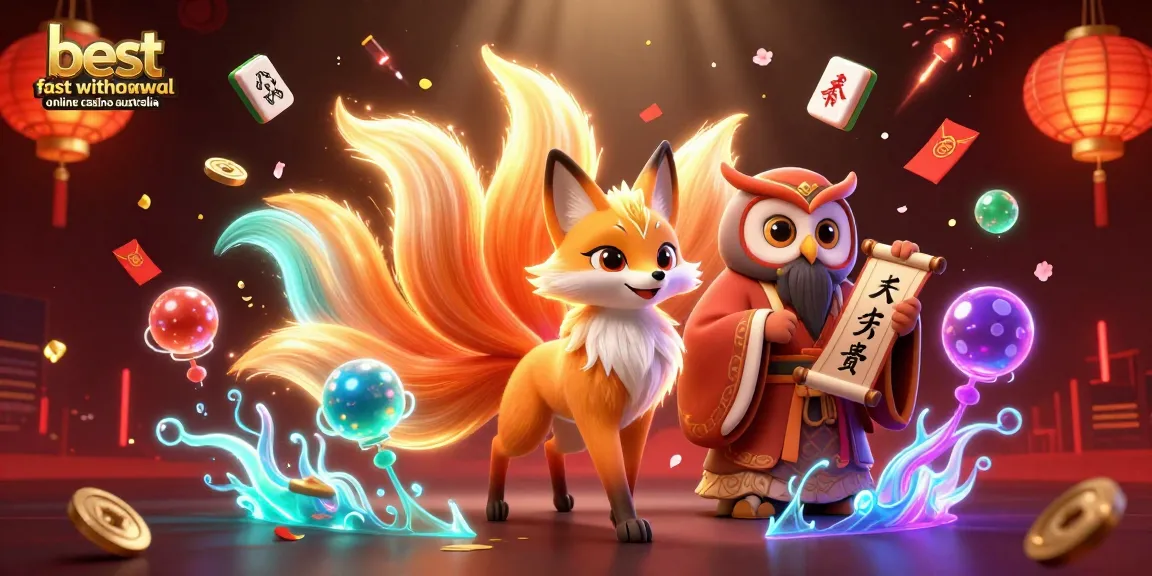The best fast withdrawal online casino Australia showcased a vibrant 3D scene featuring a nine-tailed fox spirit and an owl sage.
