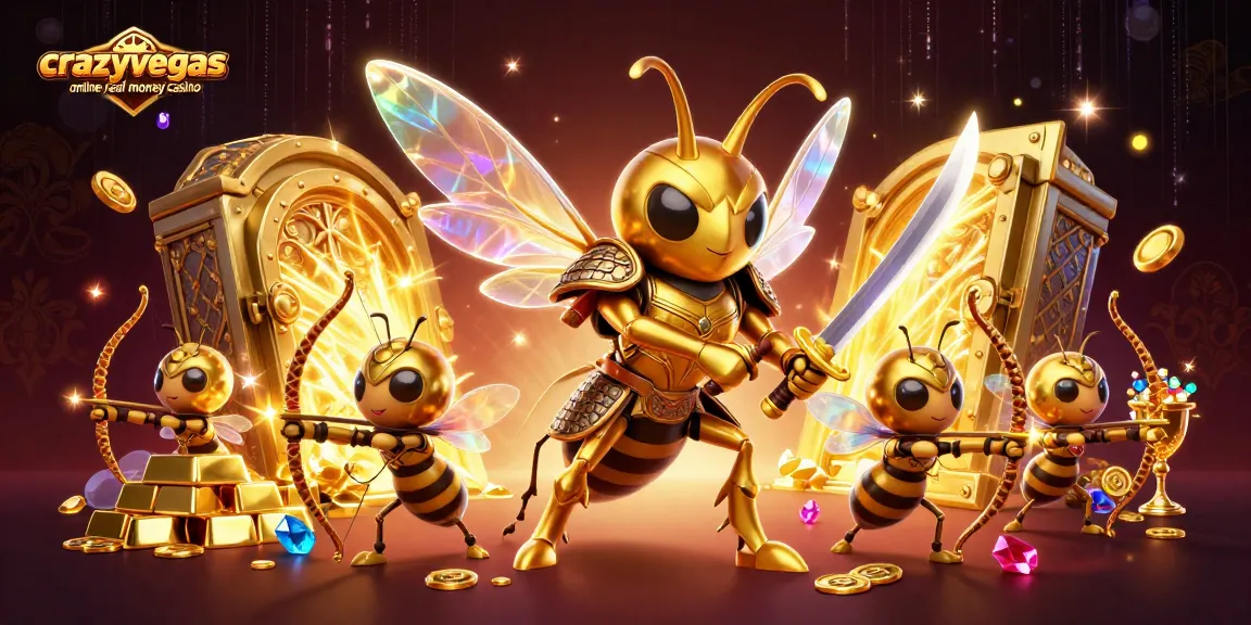 Capture the excitement at crazyvegas online real money casino, where golden hornets and treasure abound in a thrilling gaming scene.